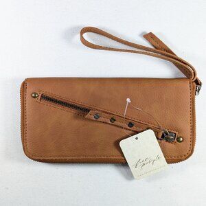 Free People Wallet Wristlet in Distressed Caramel Brown Vegan Leather-look